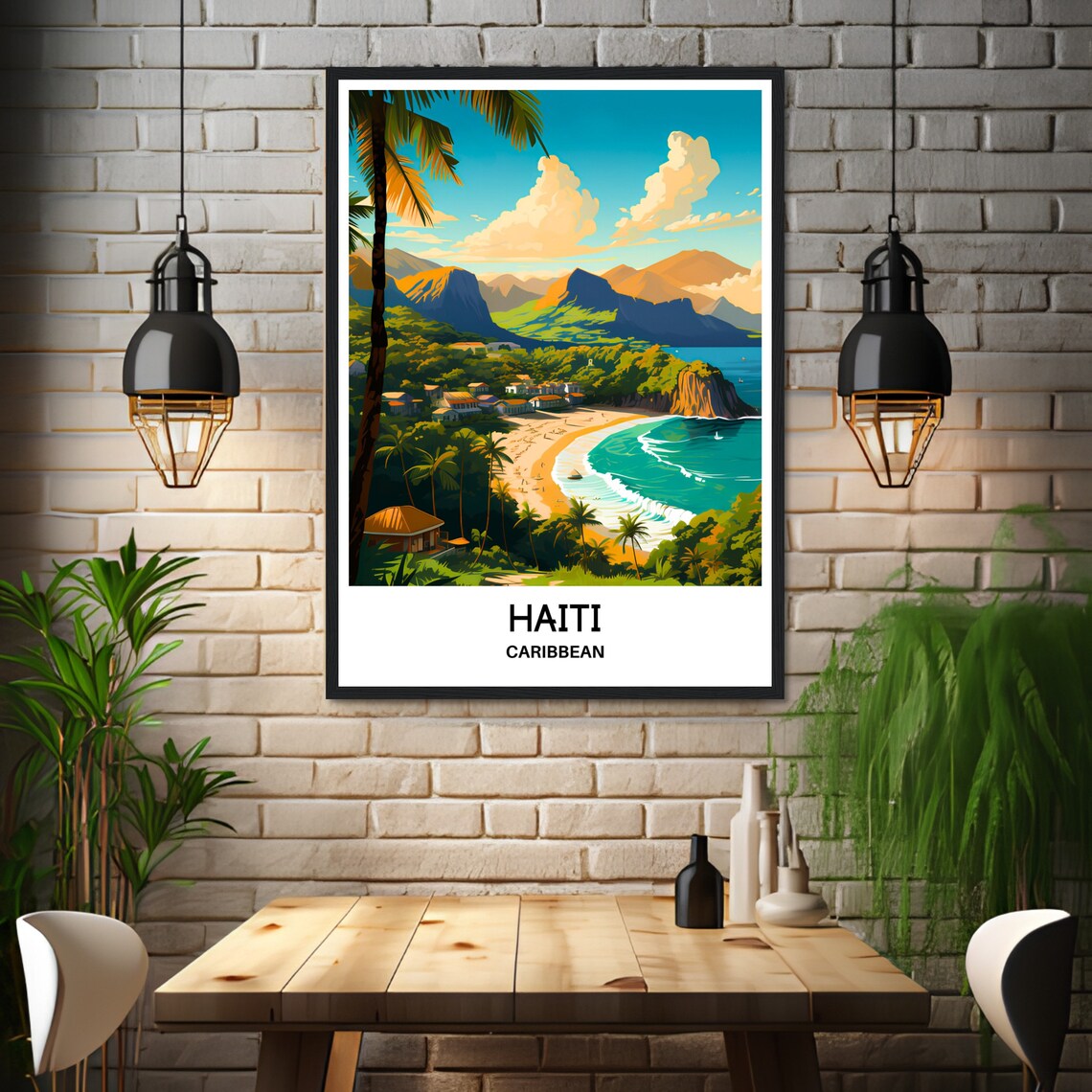 Haiti Caribbean Beach Cove Palm Trees Sunset Bay Travel Poster - Image 3