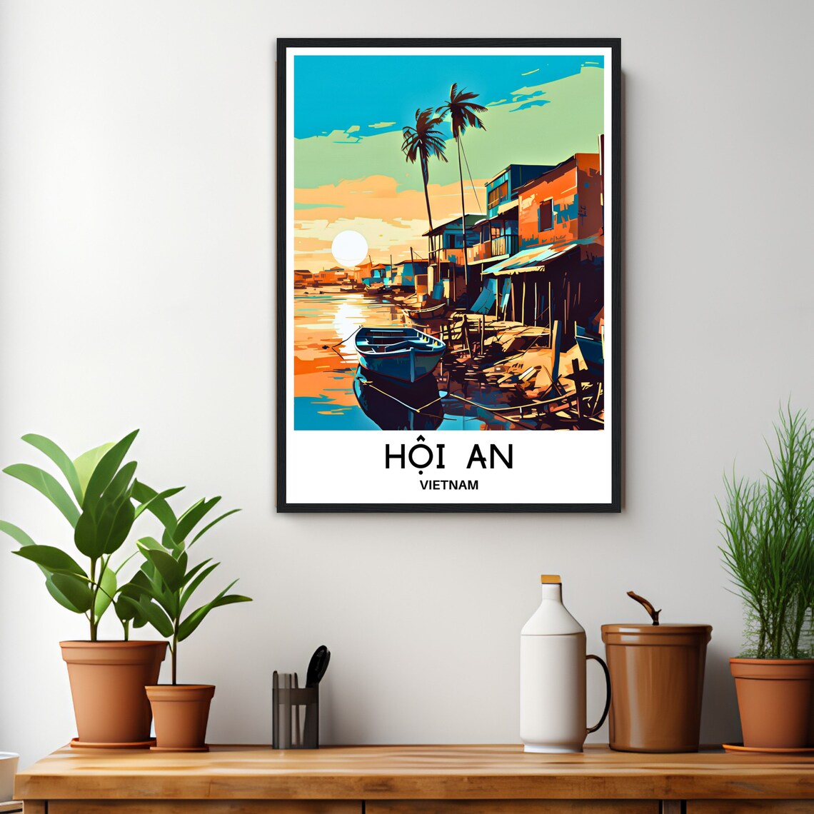 Hoi An Vietnam Fishing Boats Sunset Harbor Warm Retro Art Poster - Image 3