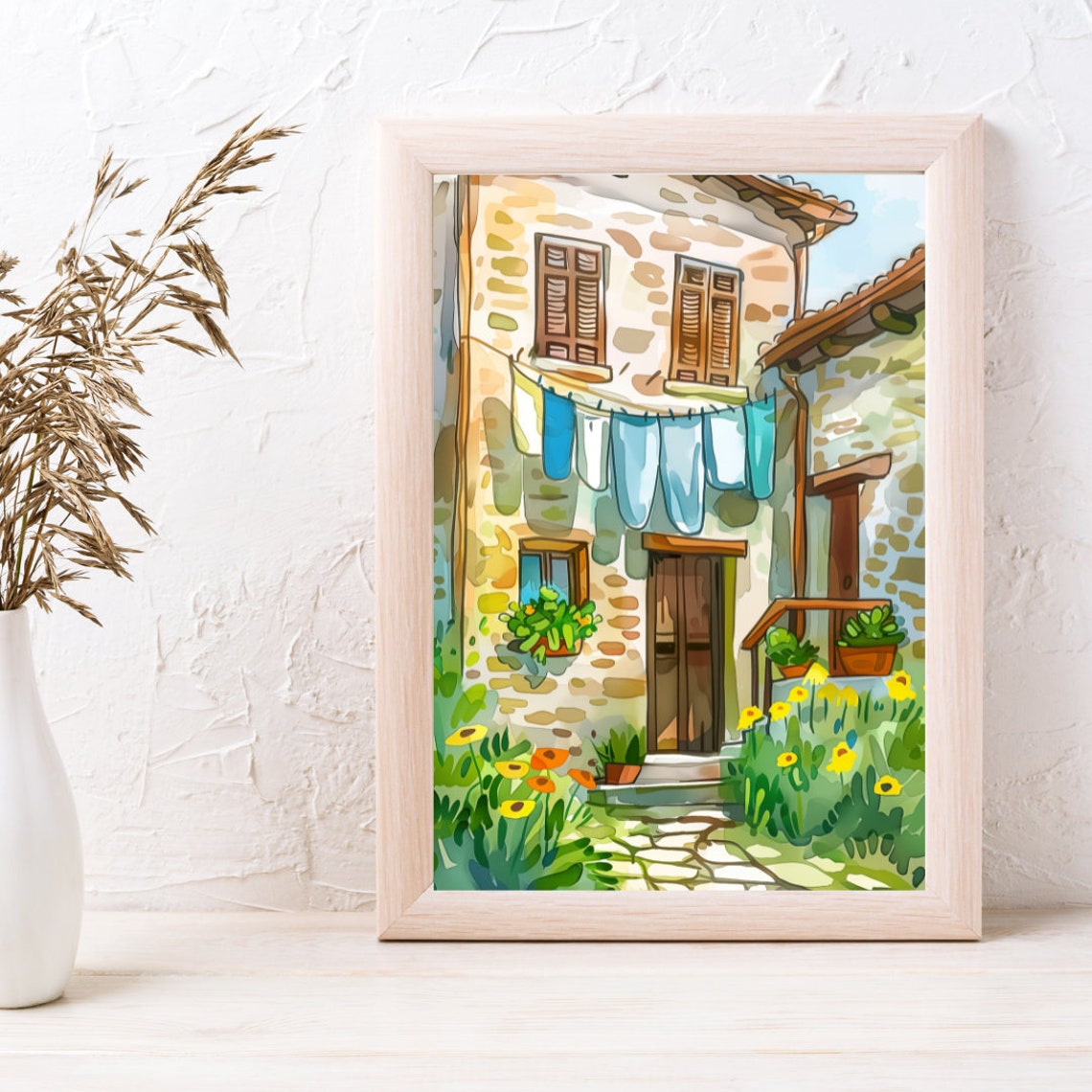 Pienza Rustic Stone Cottage with Laundry Line and Flowers Poster - Image 3