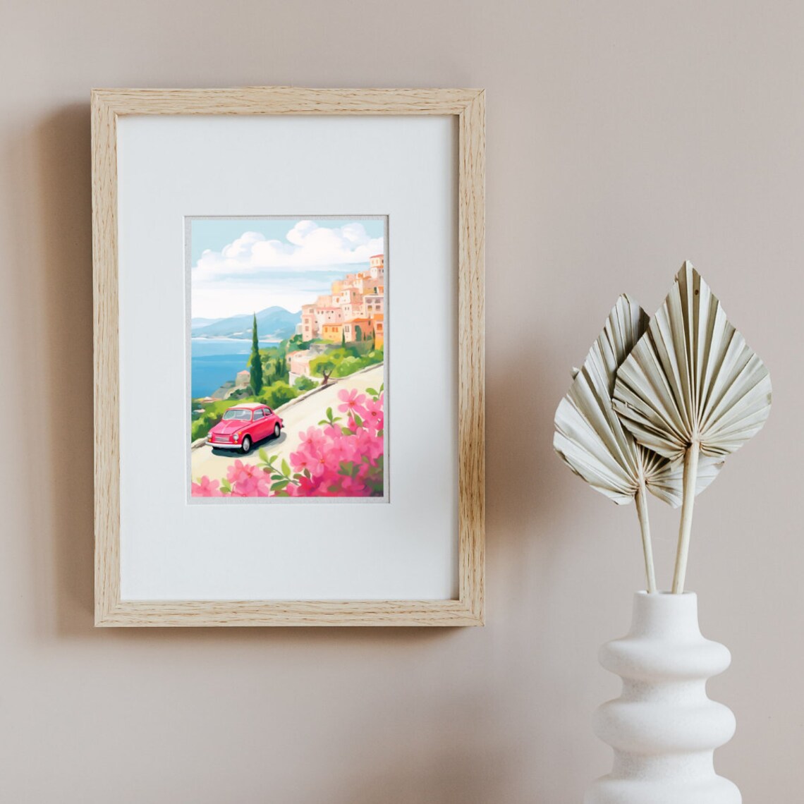 Retro Red Car on Coastal Road Amalfi Italy Watercolor Poster - Image 2