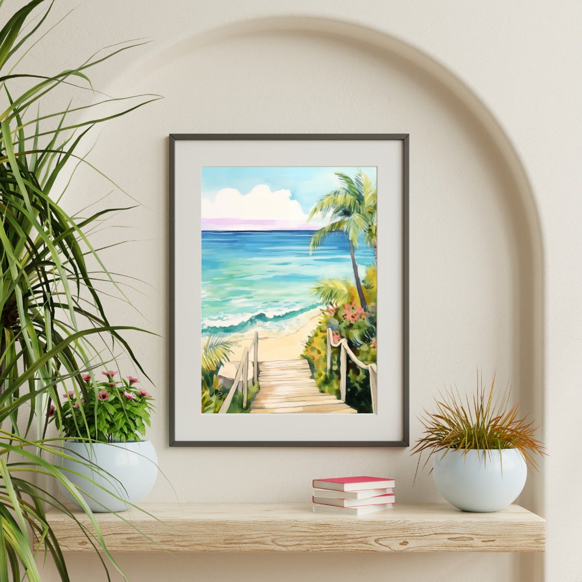 Wooden Steps to Turquoise Beach Palm Framed Watercolor Poster - Image 3