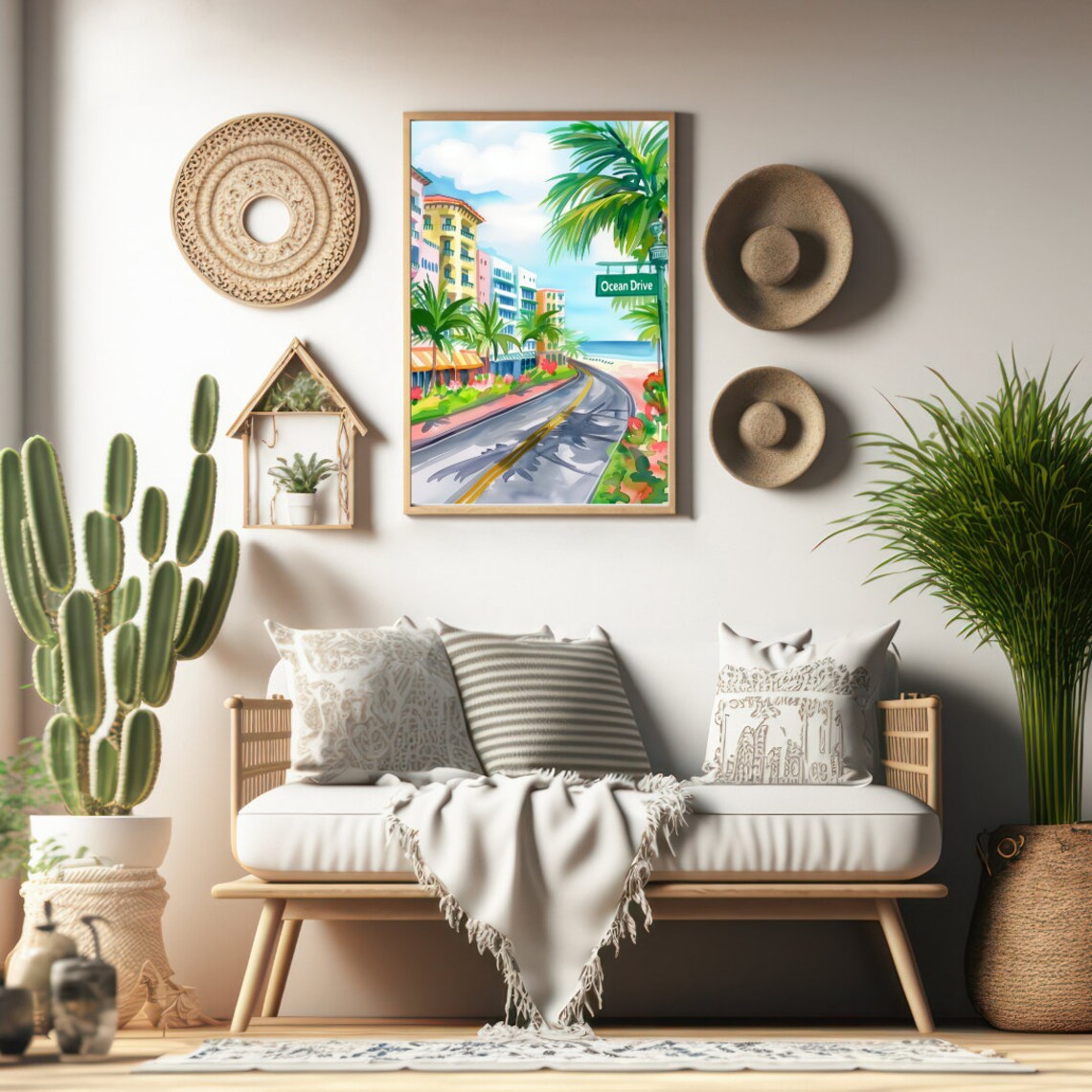 Ocean Drive Miami Art Deco Hotels Palm Street Watercolor Poster - Image 2