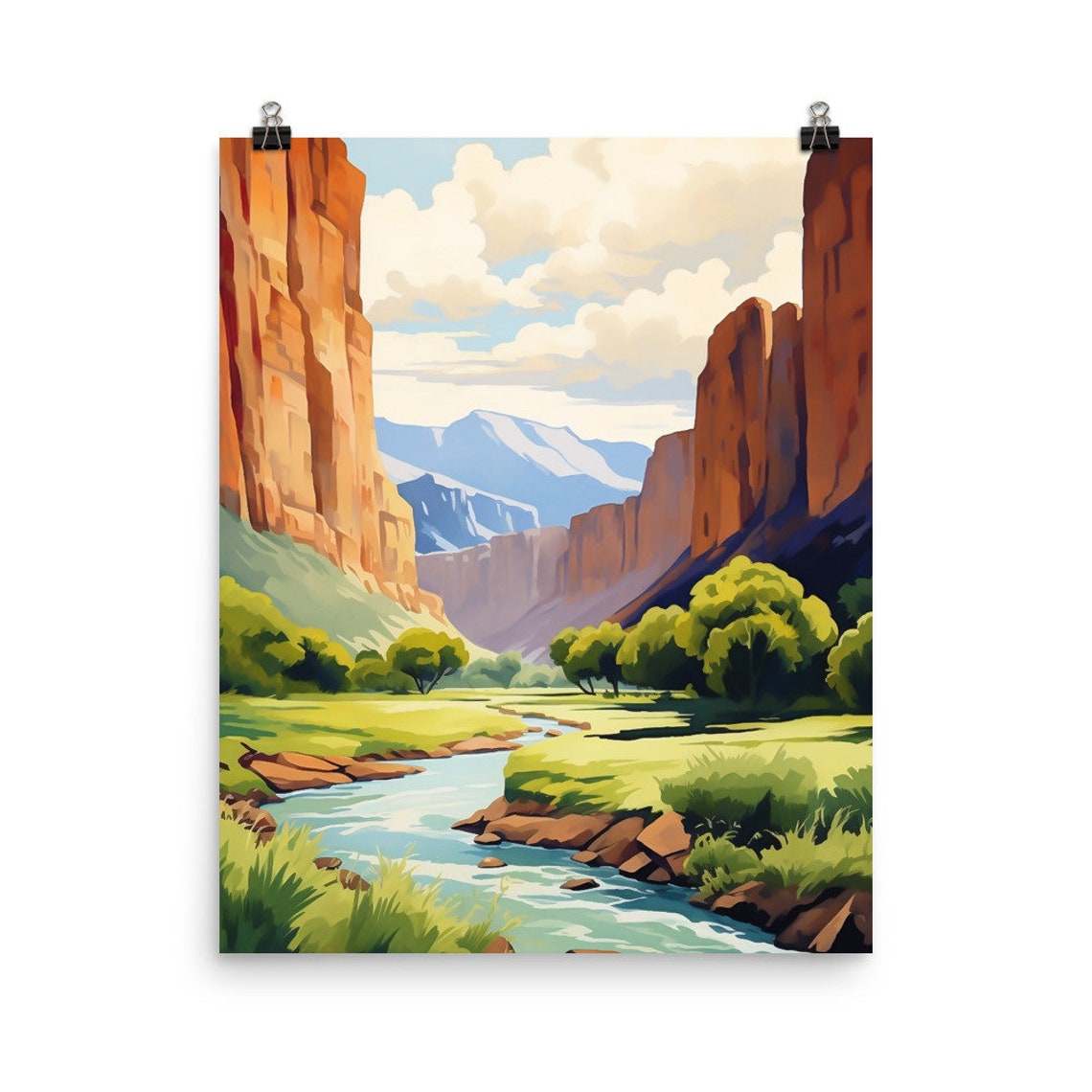 Atuel Canyon Red Cliffs Flowing River Argentina Watercolor Poster