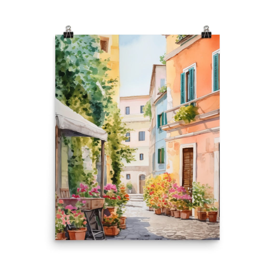 Trastevere Watercolor Travel Poster, Rome Old Town, Italy