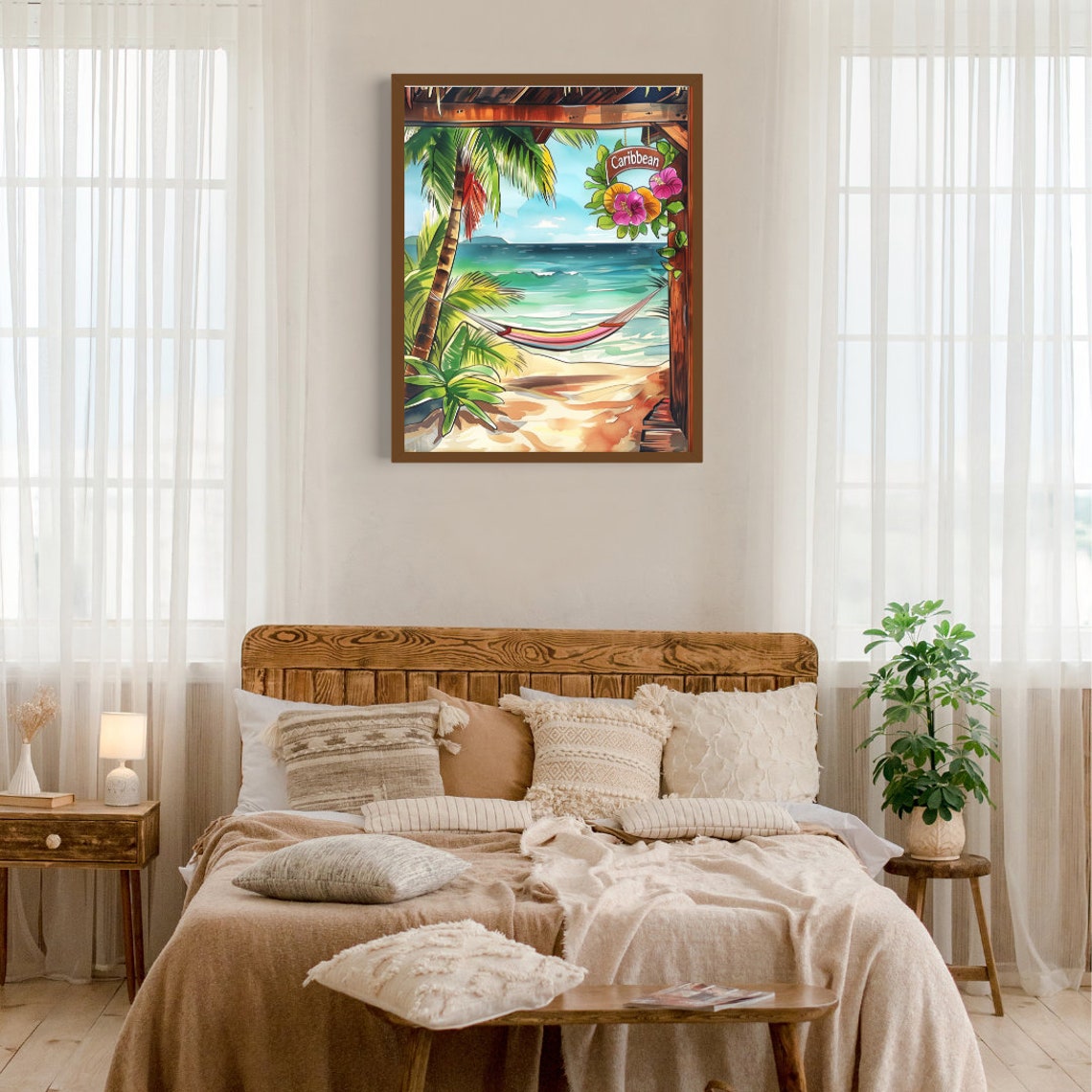 Caribbean Beach Hammock Under Palm Trees Watercolor Island Poster - Image 3
