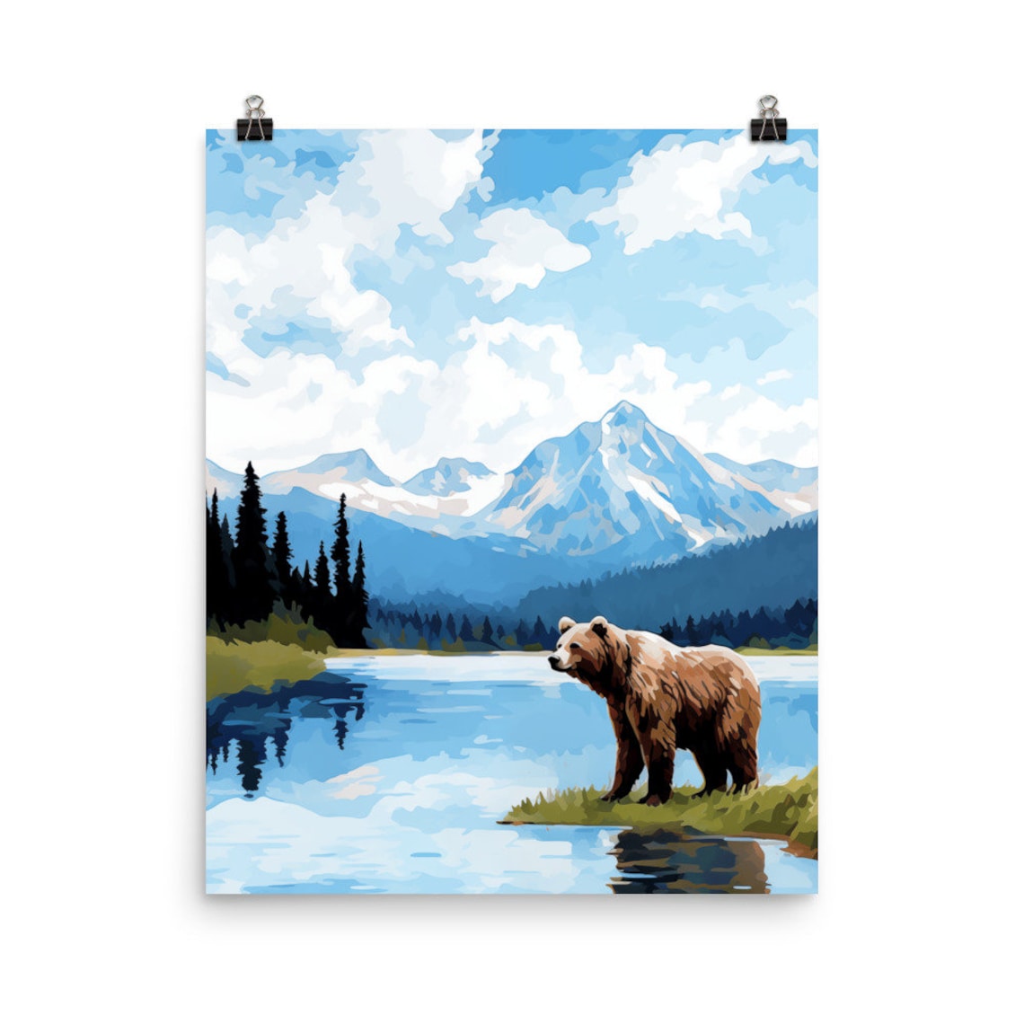 Brown Bear Standing by Alaskan Lake Snowy Mountain Wildlife Poster