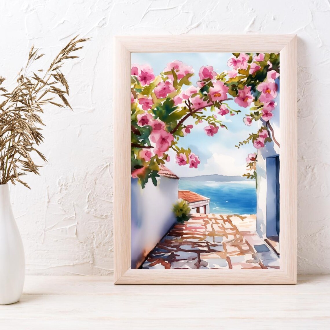 Andalusian Alleyway Bougainvillea Sea View Watercolor Poster - Image 3