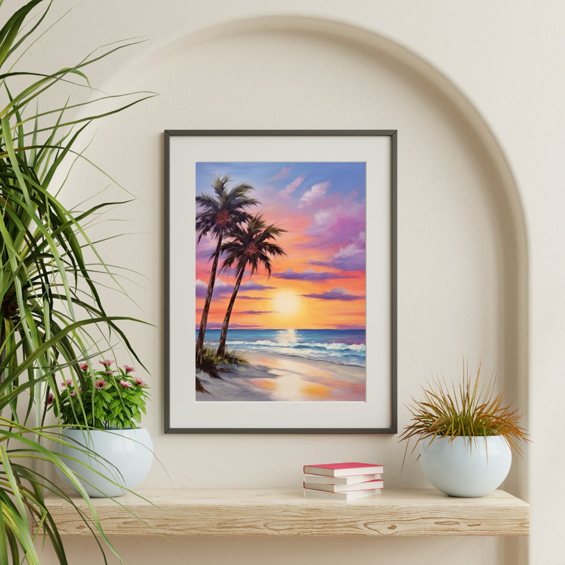 Two Leaning Palm Trees Over Golden Sunset Beach Water Poster - Image 3