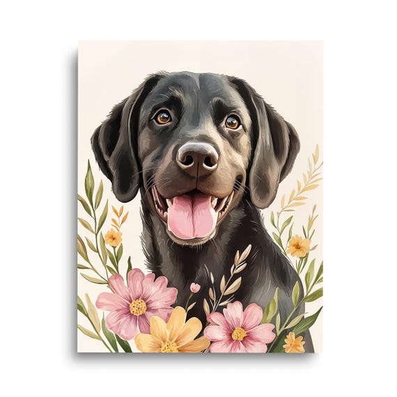 Black Labrador Pet Portrait Print Dog Wall Art Pets Nursery Decor Canine Poster Floral Animal Artwork Gift Cute