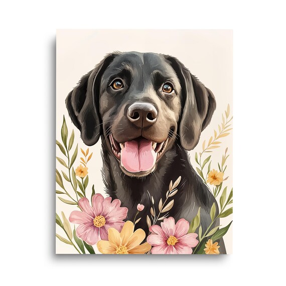 Black Labrador Retriever Dog Portrait Floral Pet Poster Cute