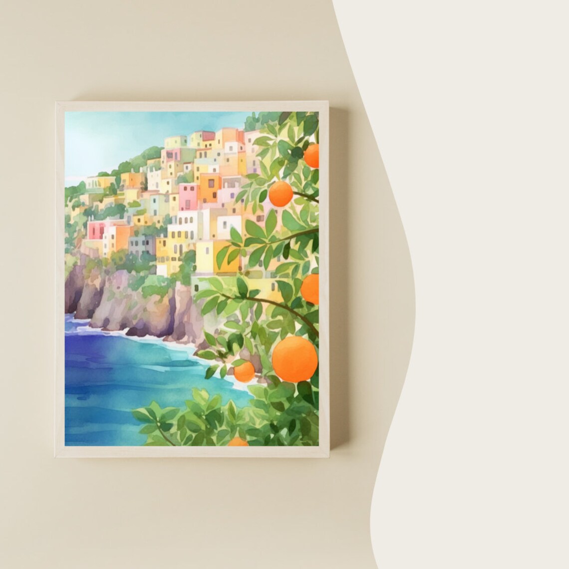 Amalfi Coast Cliffside Village with Orange Tree Watercolor Poster - Image 2