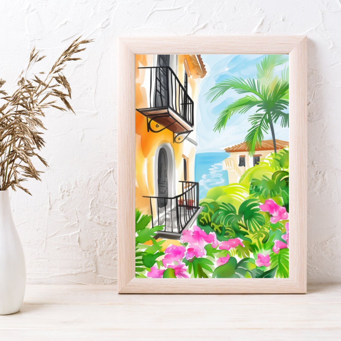 Cadiz Andalusia Street with Palms Over the Sea Watercolor Poster - Image 3