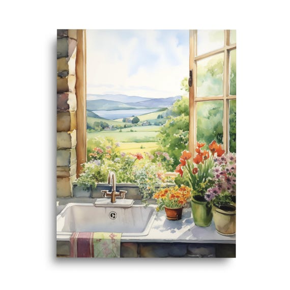 Traditional Scottish Kitchen Watercolor Print, Cottage View