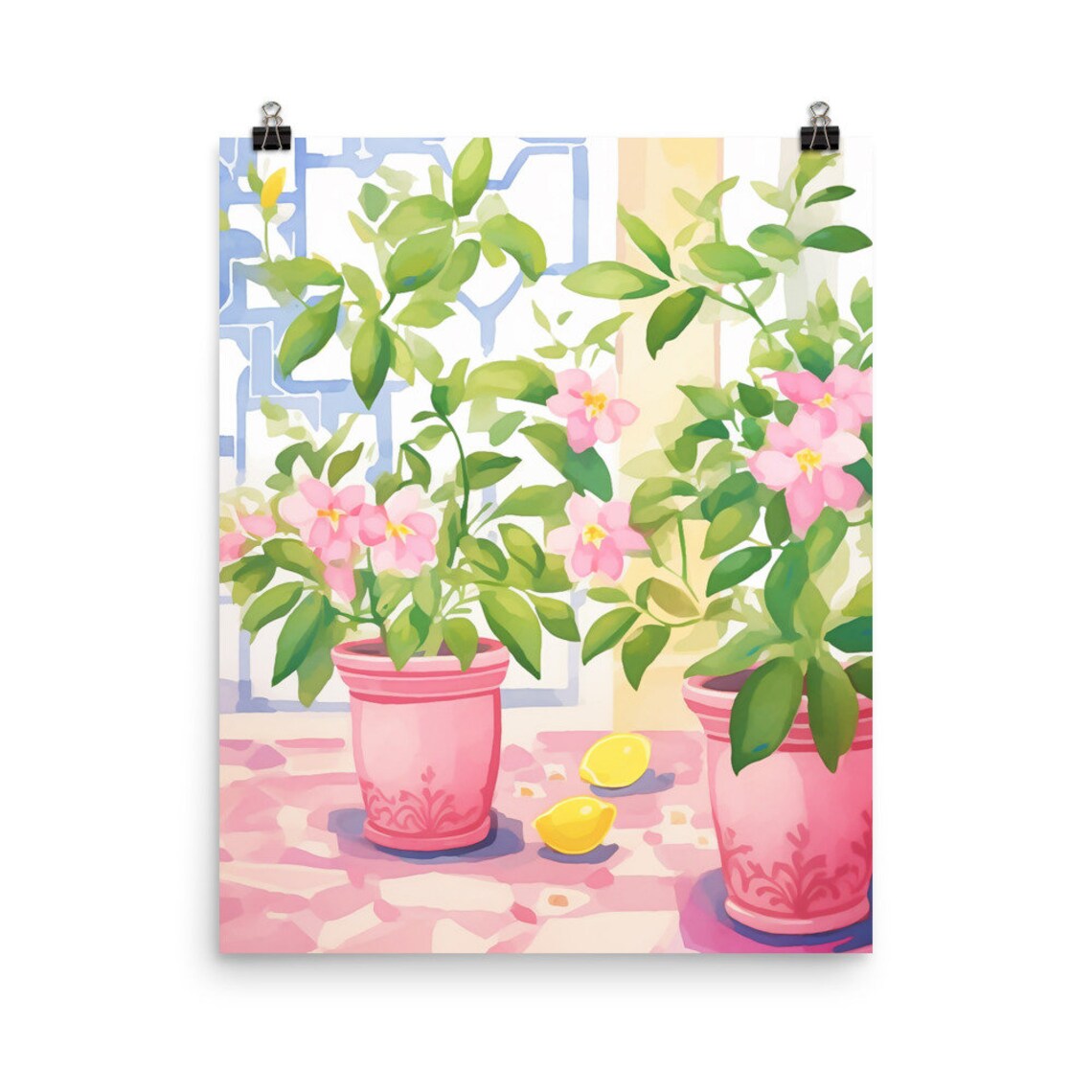Italian Floral Vase Pink Flowers and Lemons Watercolor Poster
