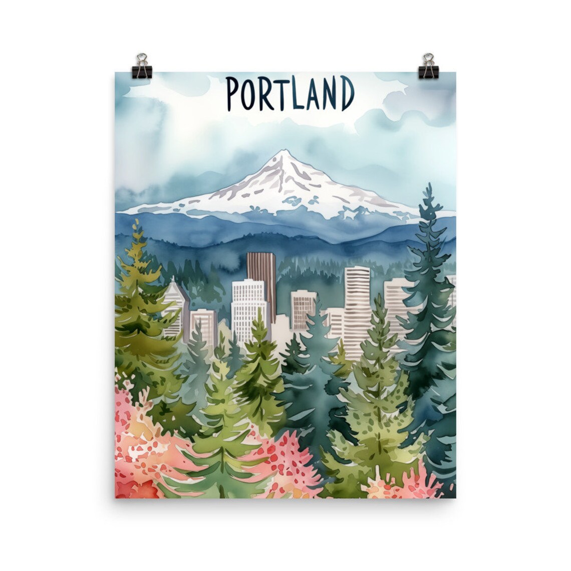 Portland Mount Hood Snowy Peak Watercolor Skyline Travel Poster
