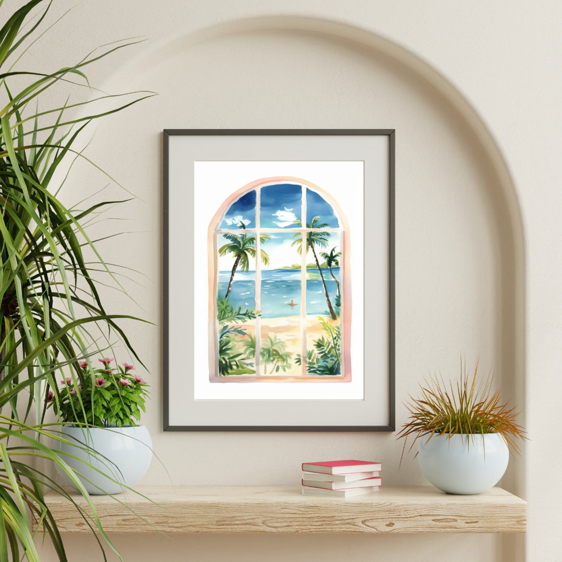 Arched Window Framing Tropical Beach Palms Ocean View Poster - Image 3