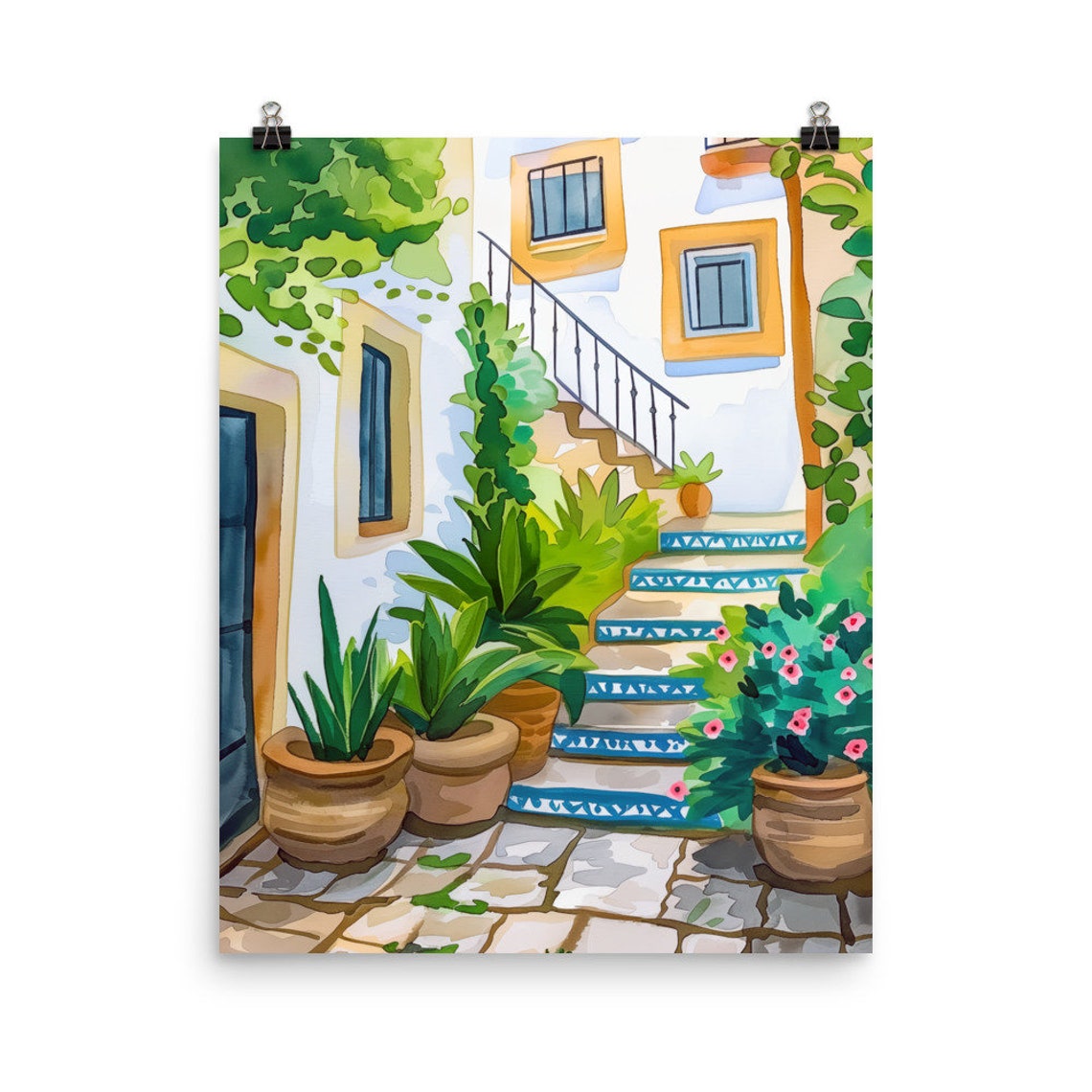 Sitges Spain Mediterranean Staircase Watercolor Travel Art Poster