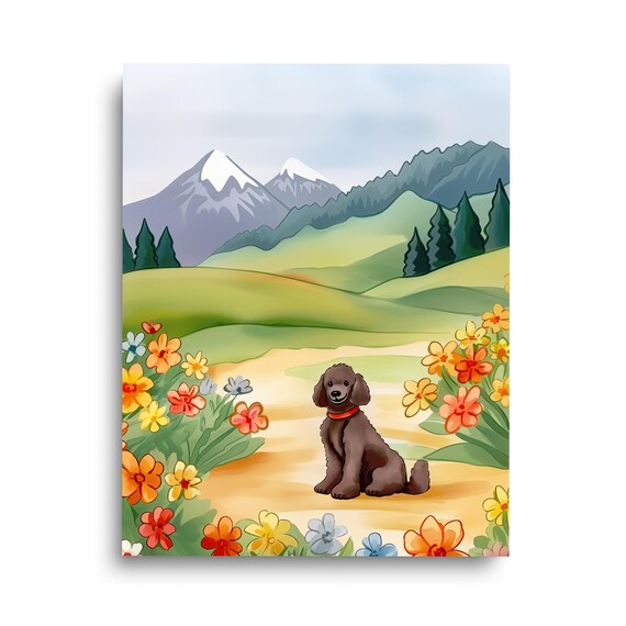 Doggo In Nature Watercolor Print Dog Wall Art Mountain Landscape Black Poodle Artwork Pet Nursery Decor Puppy Poster Countryside