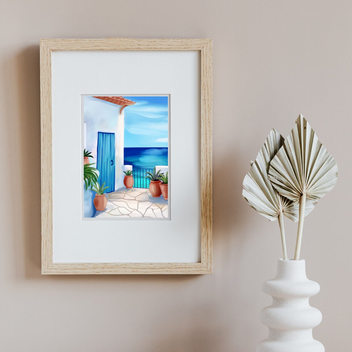 Mediterranean Blue Door On Sea View Terrace With Potted Plants Poster - Image 2