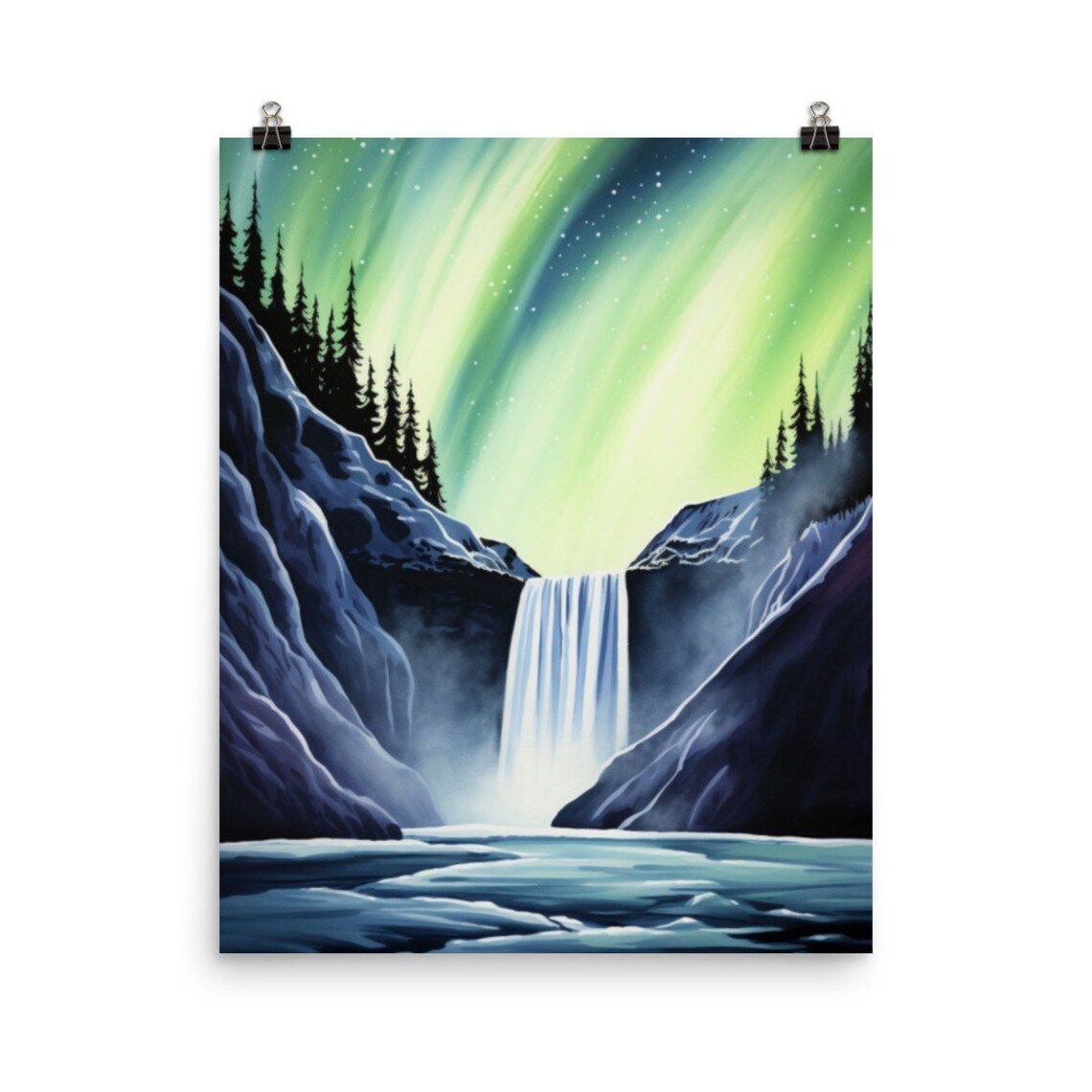 Skogafoss Waterfall Under Northern Lights Iceland Watercolor Poster