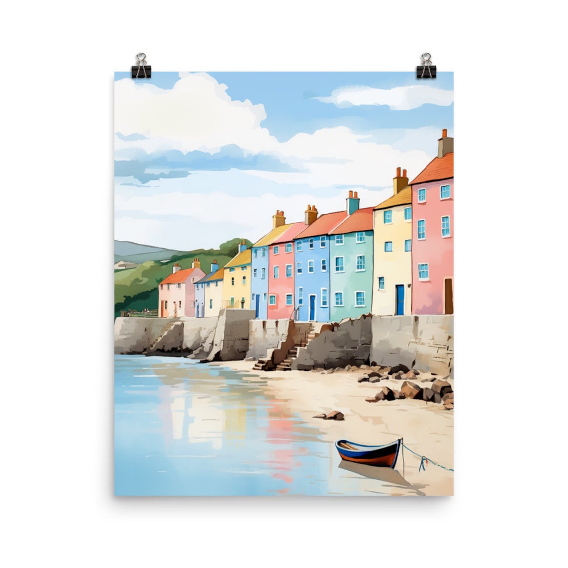 New Quay Colorful Seafront Houses with Rowboat Watercolor Art Poster