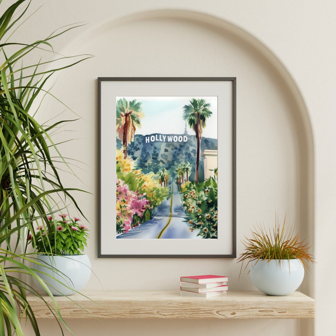Hollywood Sign Hillside Palm Tree Street Scenic Watercolor Poster - Image 3