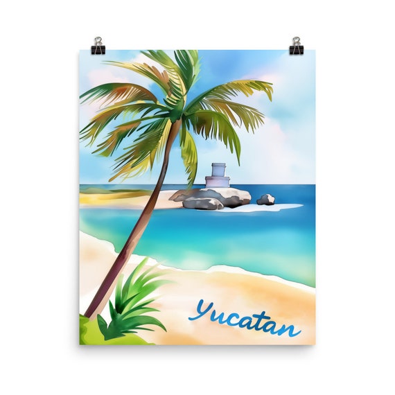 Yucatan Peninsula Watercolor Print Mexico Travel Gift Mexican Wall Art Tropical Beach Decor Caribbean Sea Palm Tree Coastal