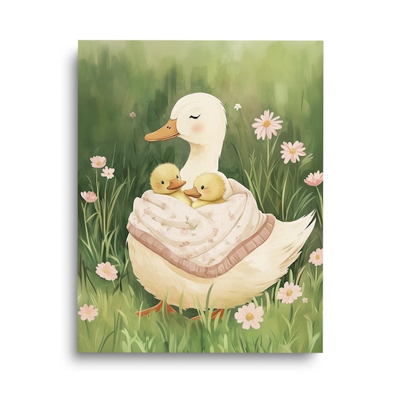 Mother Duck Ducklings Watercolor Nursery Poster Cute Farmyard