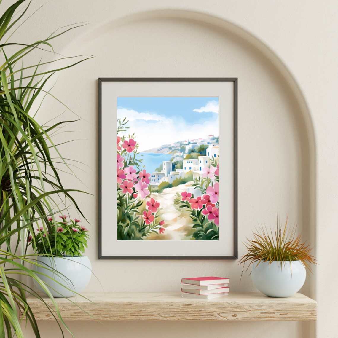 Sifnos Greek Village with Pink Flowers Coastal Watercolor Poster - Image 3