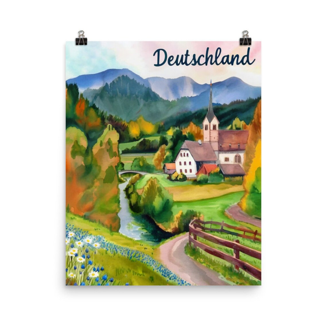 Deutschland Alpine Village Church by the River Watercolor Poster