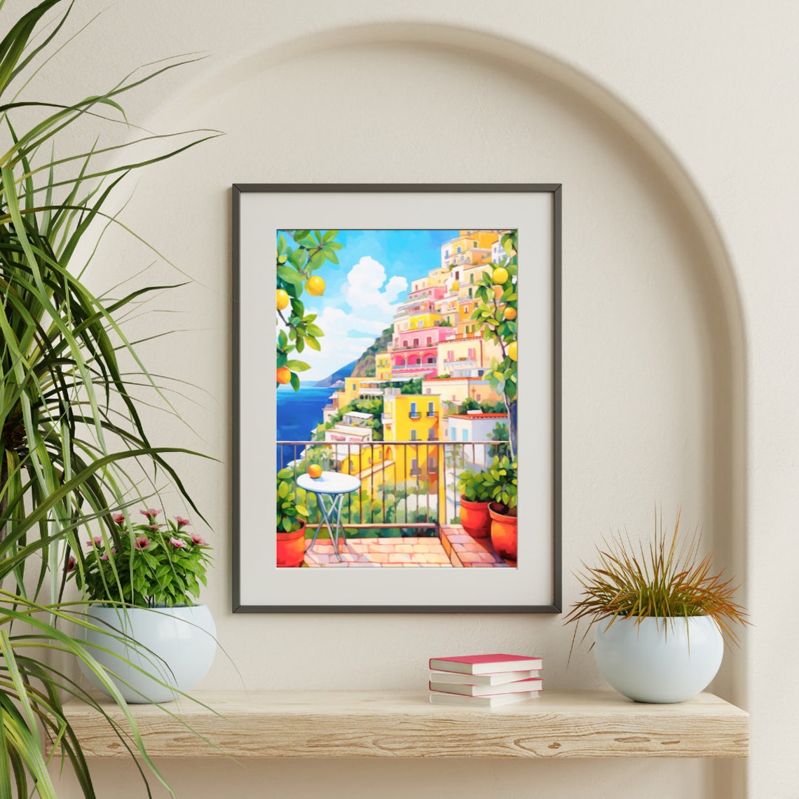 Positano Lemon Tree Balcony over Colorful Cliffside Town Poster - Image 3