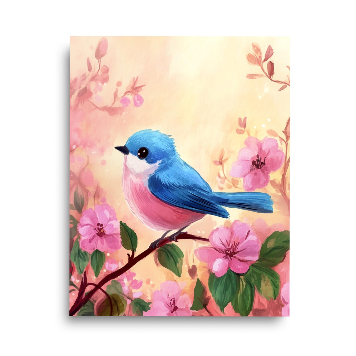 Dreamy Bluebird Among Cherry Blossoms in Spring Watercolor Poster