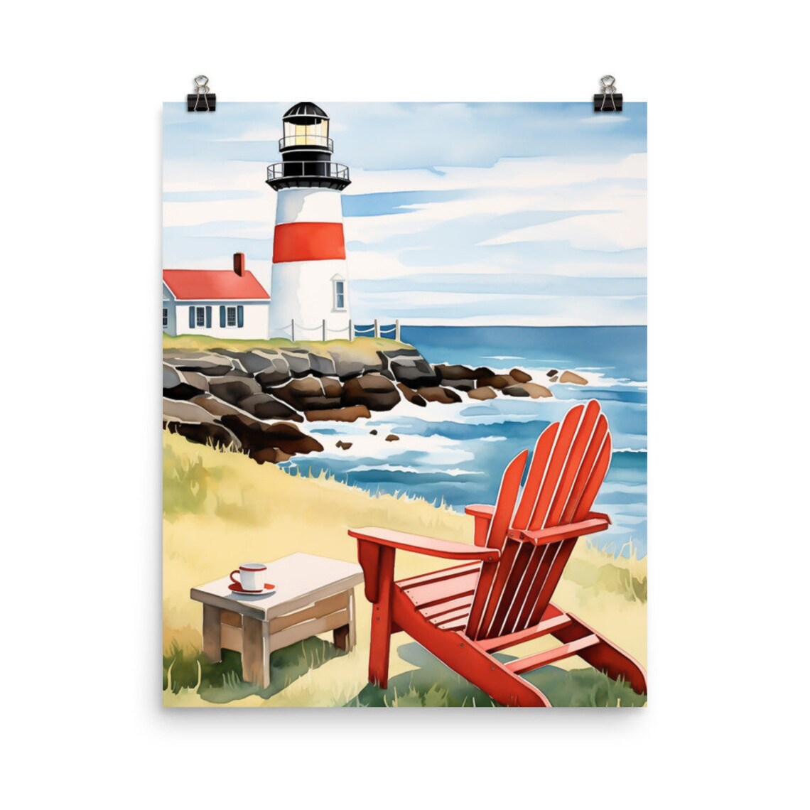 Montauk Lighthouse With Red Adirondack Chair Coastal View Poster