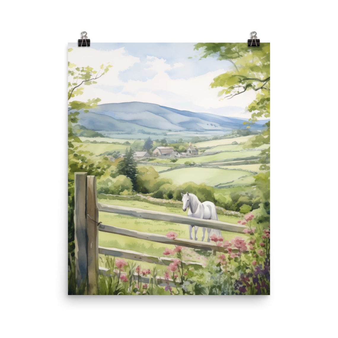 English Countryside White Horse Behind Rustic Wooden Fence Poster