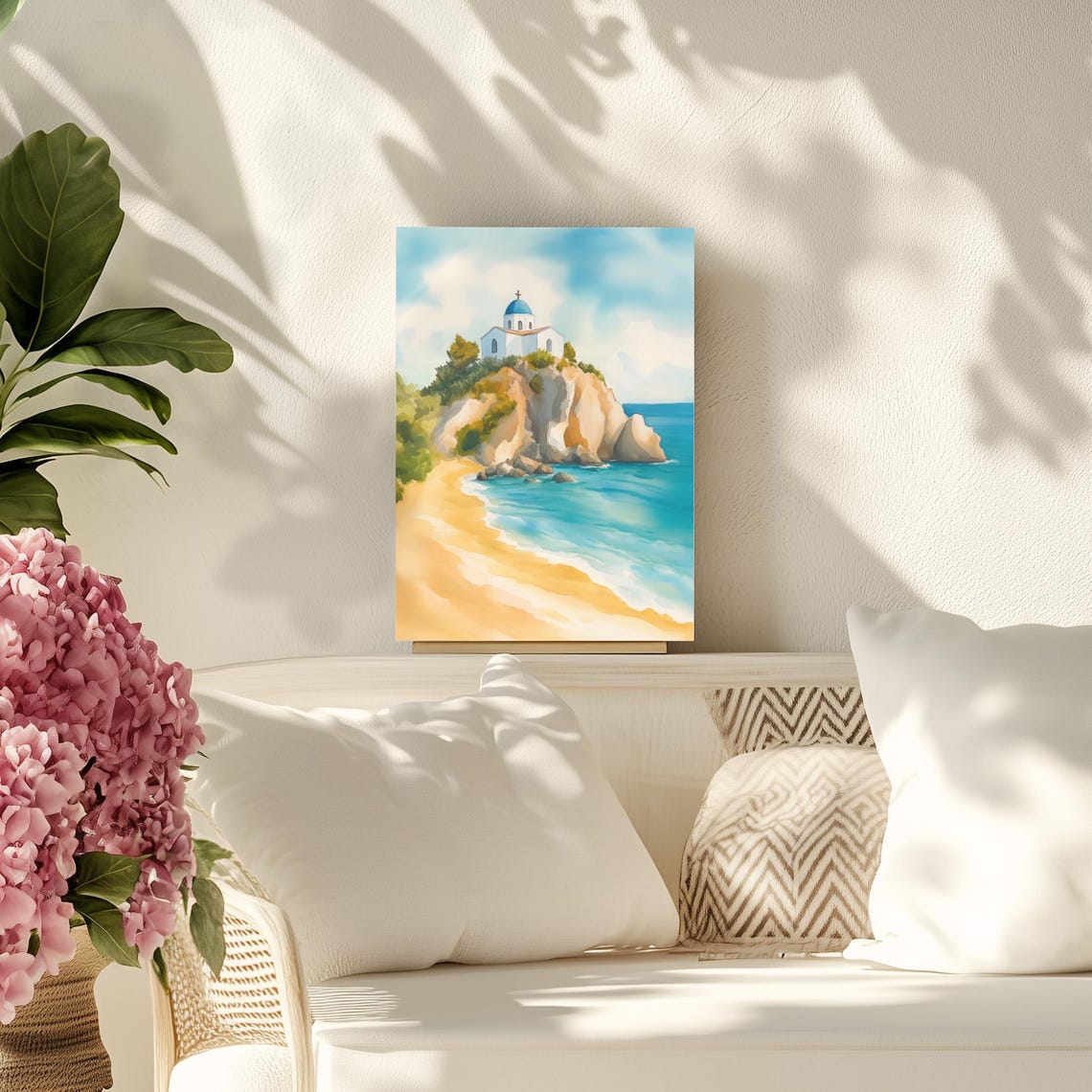 Skopelos Greece Blue Dome Chapel Cliff Beach Watercolor Travel Poster