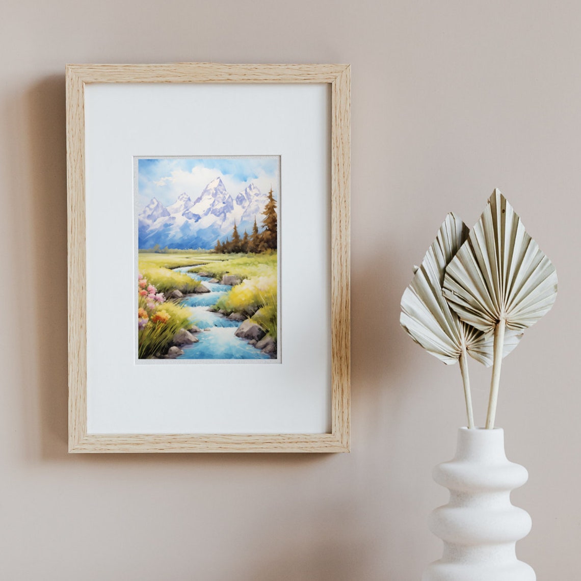 Snowy Mountain Peaks Wildflower Meadow Stream Watercolor Poster - Image 2