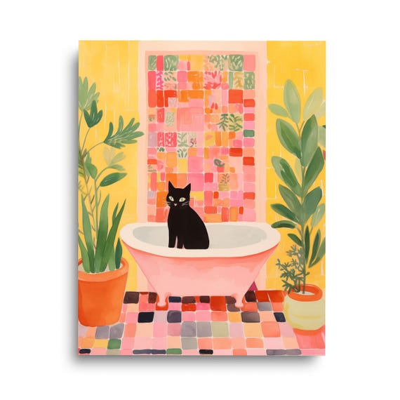 Black Cat Watercolor Bathroom Decor Art Print