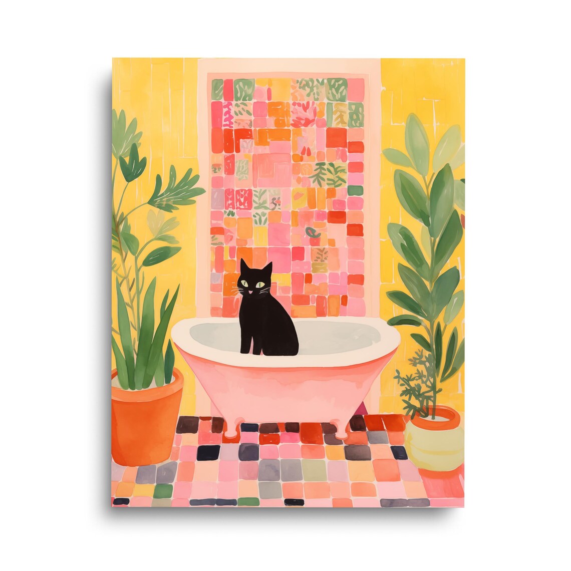 Black Cat Watercolor Bathroom Decor Art Print