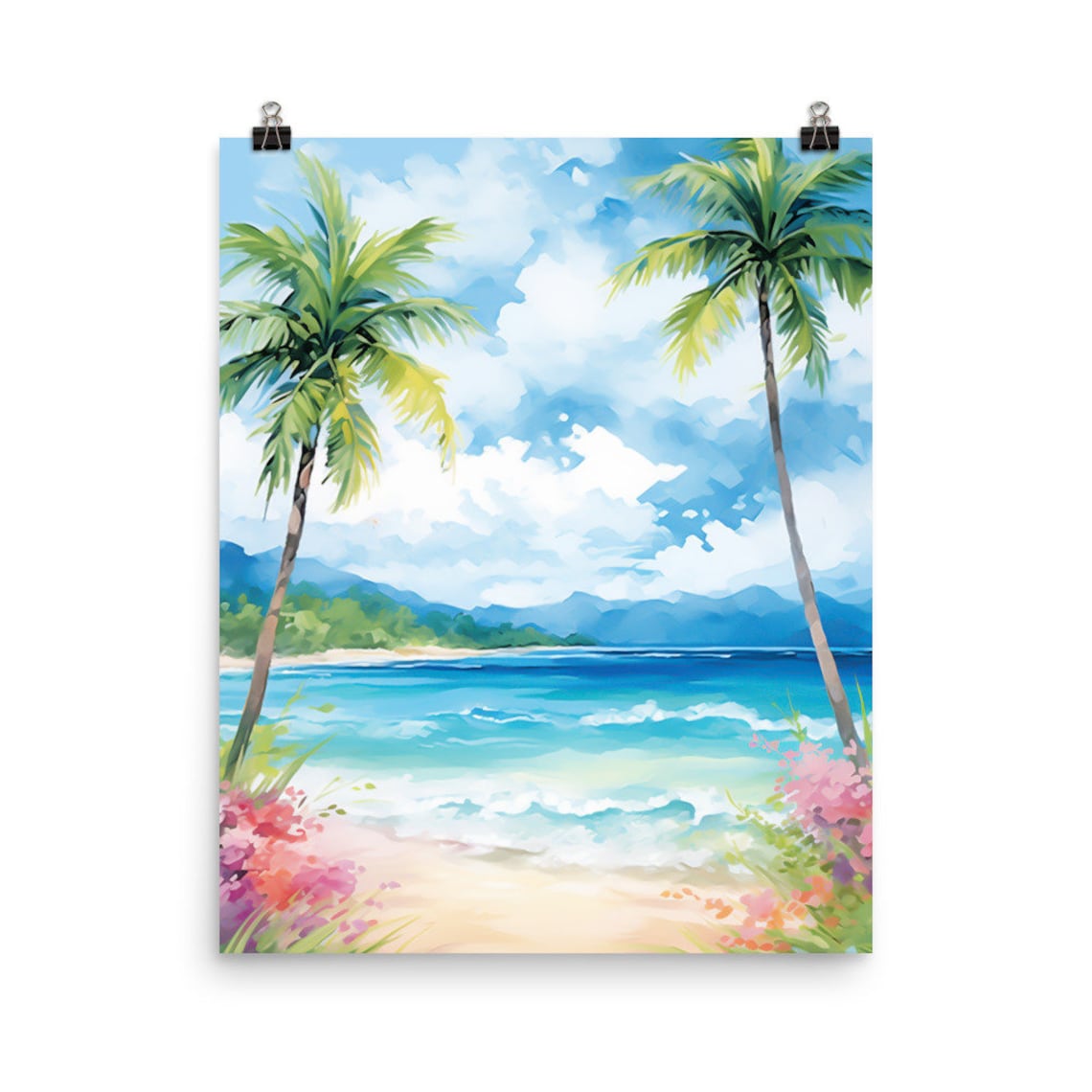 Caribbean Palm Beach with Turquoise Waves Watercolor Travel Poster