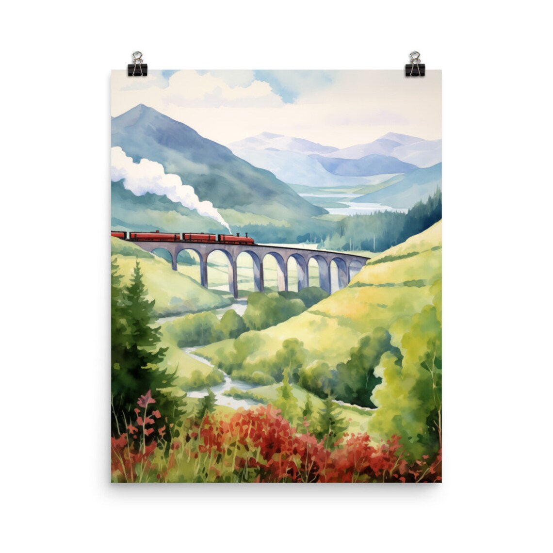 Glenfinnan Viaduct Watercolor Travel Poster, Scotland