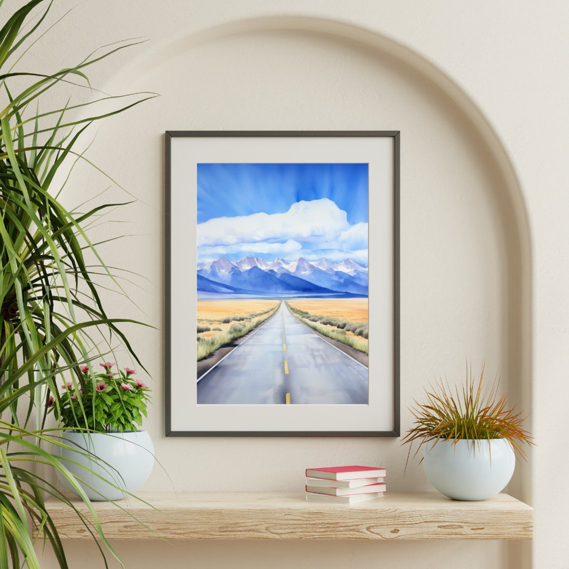 Open Desert Highway Road to Snowcapped Mountains Golden Poster - Image 3