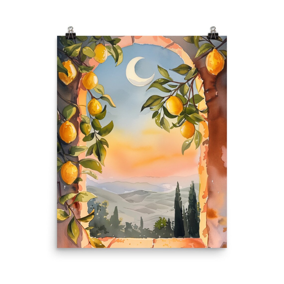 Lemon Tree Arch Watercolor Art Print, Mediterranean
