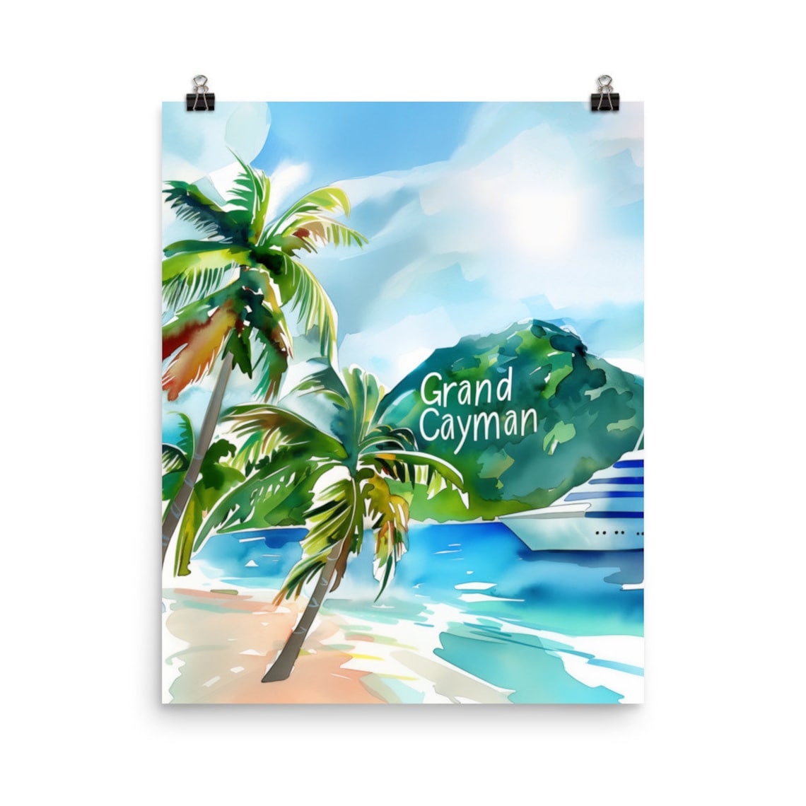 Grand Cayman Palm Beach Cruise Ship Watercolor Travel Poster