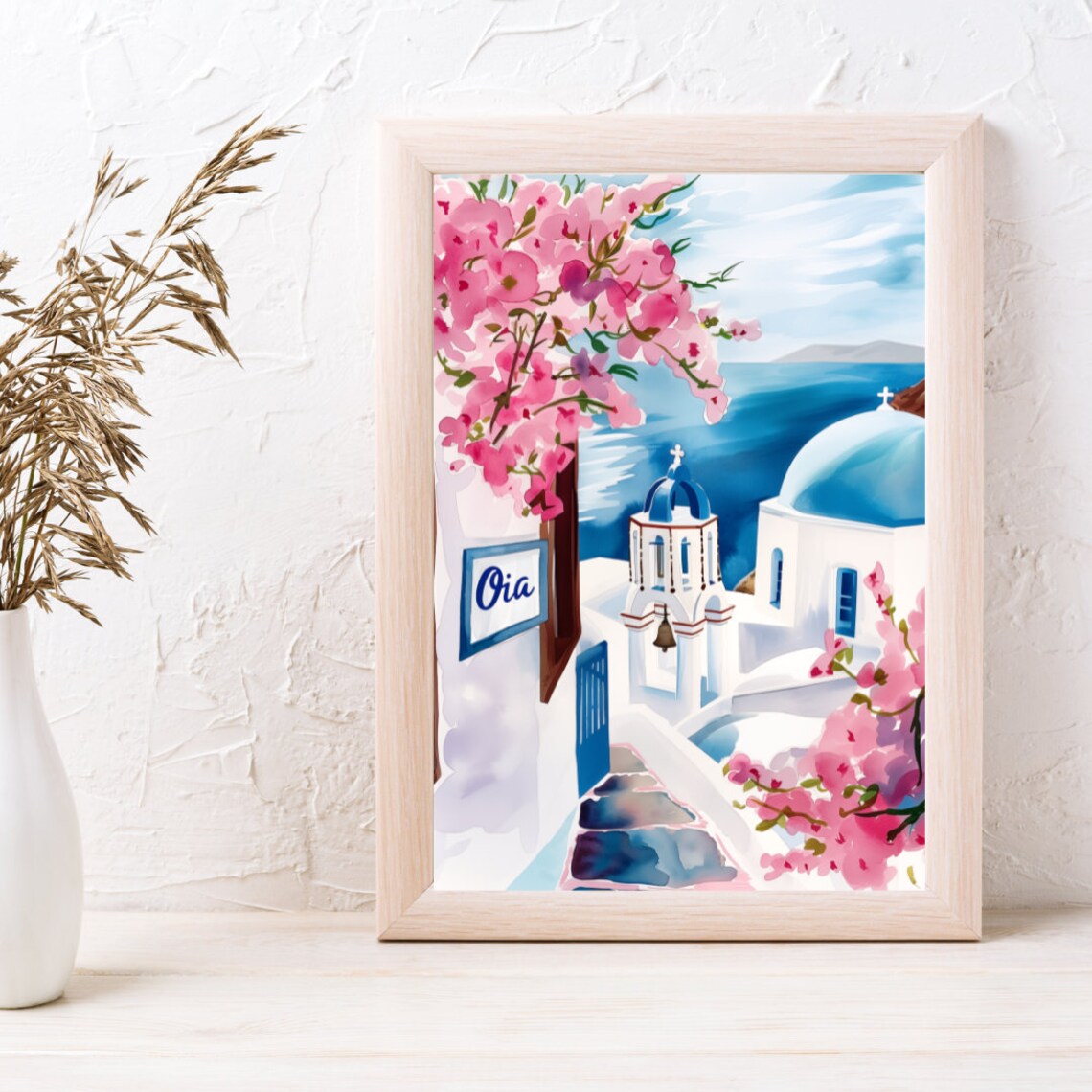 Oia Santorini Blue Domes and Pink Bougainvillea Watercolor Poster - Image 3