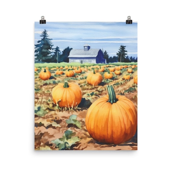 Autumn Pumpkin Patch Farm With Red Barn in Watercolor Poster