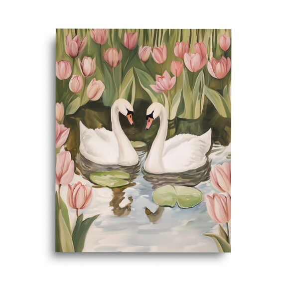 Vintage Swans Watercolor Print Lily Pond Wall Art Lovebirds Romantic Animal Nursery Decor Pastoral Farmhouse Floral