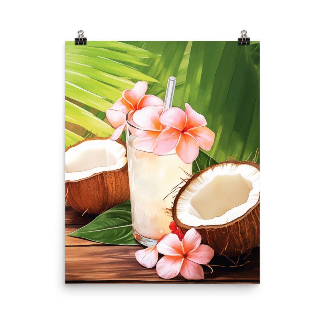 Tropical Coconut Mai Tai Cocktail Watercolor Hawaii Drink Poster