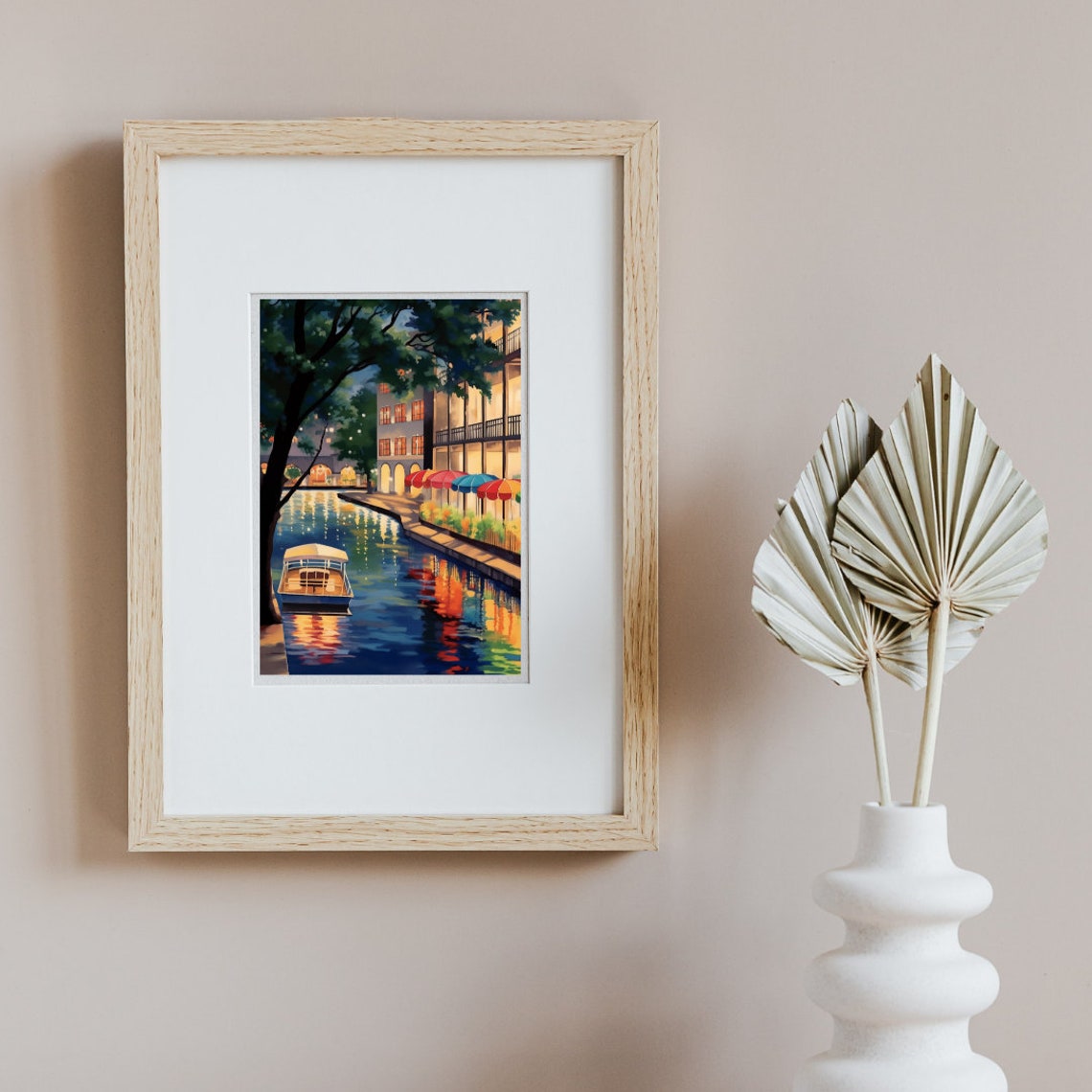 Night Canal Boat Under Trees Glowing River Walk Lights Poster - Image 2