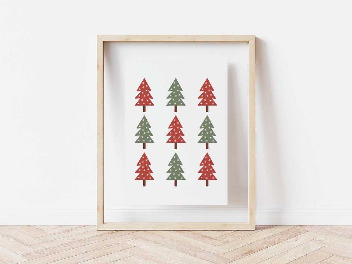 Christmas Trees Grid Print Red Green Snowflake Modern Holiday Wall Art - Image 2