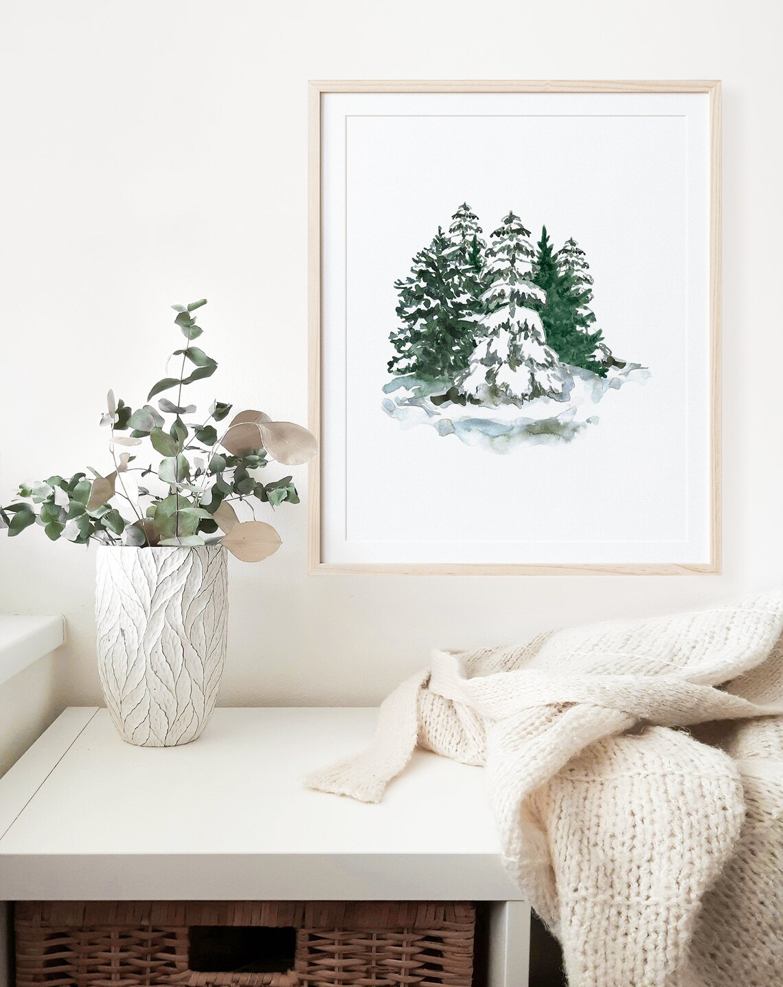 Watercolor Snow Covered Evergreen Trees Winter Minimal Wall Art Print - Image 4